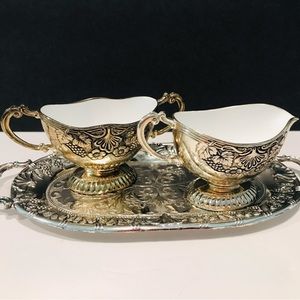 Vintage EP ZINC Japanese Silverplated & Enamel Creamer Sugar Bowl 3 Pieces Set